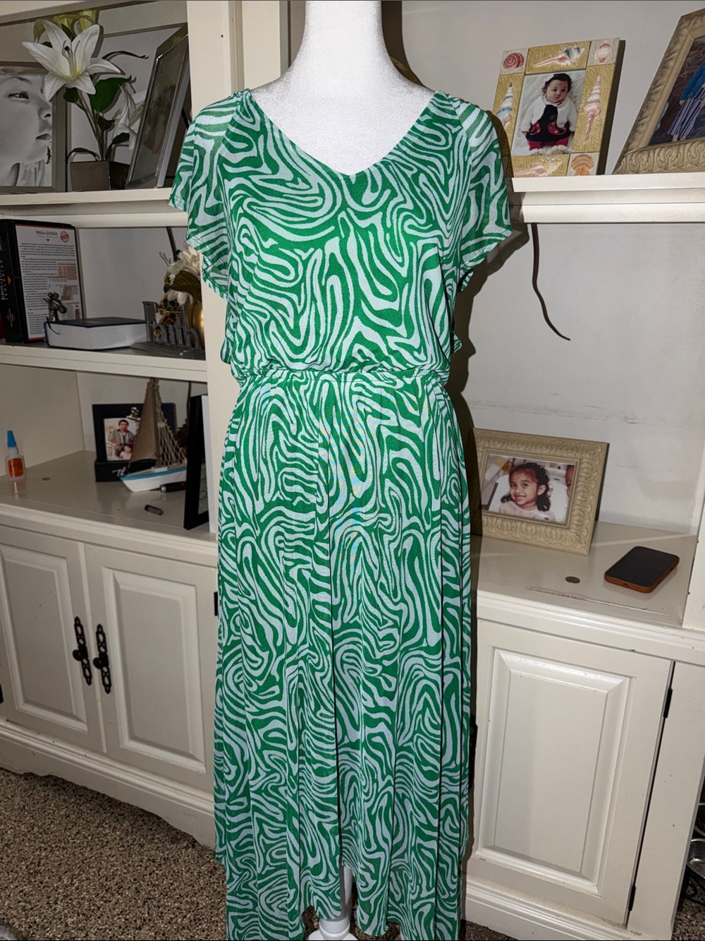 Green Patterned V-Neck Maxi Dress